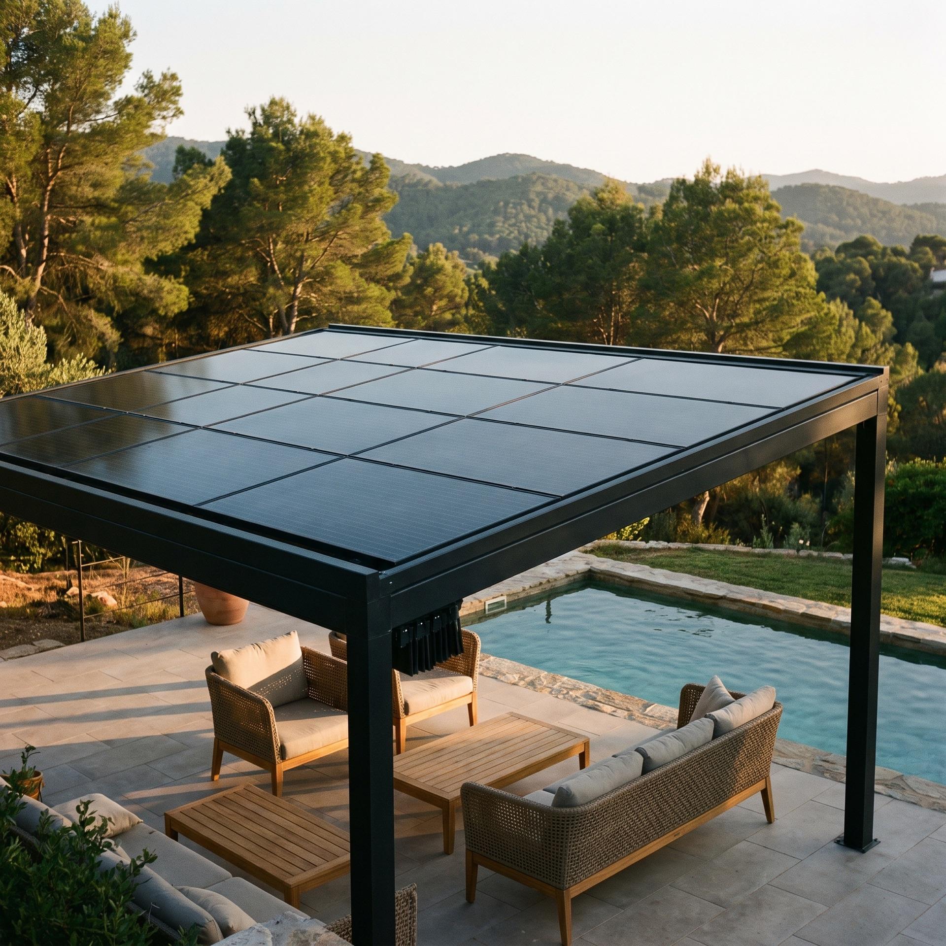 Pérgola solar a medida con acabado Full Black junto a una piscina